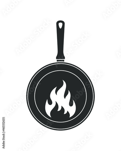 Cooking food logo template. Frying pan and flame graphic sign isolated on white background. Vector illustration