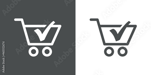 Logotipo con silueta de carrito de la compra como casilla de verificación con checkmark  con lineas en fondo gris y fondo banco