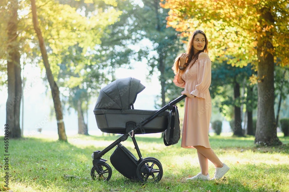 Mum walking on city street. Woman pushing her toddler sitting in a pram. Family concept. Mum walking on city street. Woman pushing her toddler sitting in a pram. Family concept.