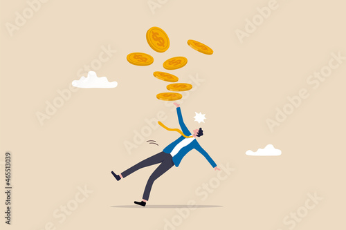 Financial mistake losing money, investment risk or trading failure, debt and loan, cost and expense problem concept, clumsy businessman investor fall on slippery floor losing all money dollar coins.