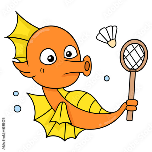 seahorse holding a racket playing badminton, doodle icon image kawaii