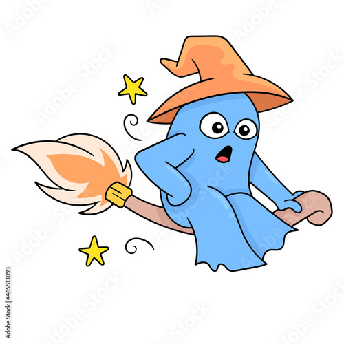 ghost witch is flying using a magic broom, doodle icon image kawaii