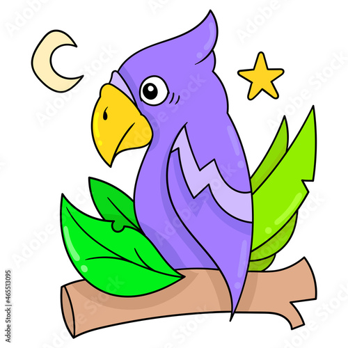 parrot is perching on a tree branch, doodle icon image kawaii