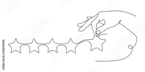The Hand points to the Stars. Line art drawing. Continuous black and white drawing on a white background. An illustration for evaluating the Rating of something. Icon for rating, Reviews, feedback.