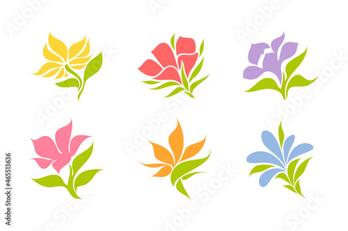 Set of multicolored flowers like tulip, peony, iris and other. Vector logo marks templates collection. Elegant design elements or icons