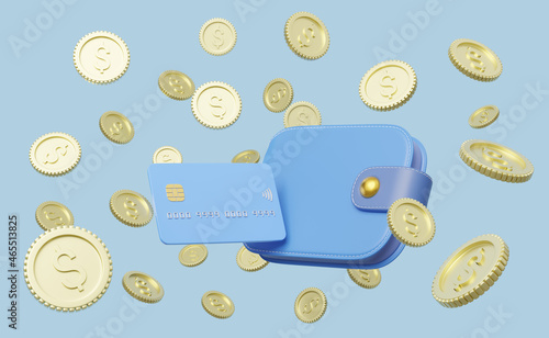 Gold dollar coin spread flew out of wallet and credit card float on blue background. Mobile banking and Online payment service. Saving money wealth and business financial concept. 3d render.