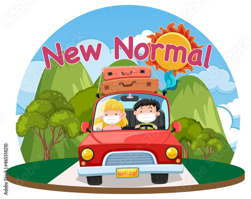 New normal logo with couple tourist on roadtrip