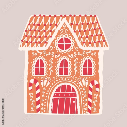 Gingerbread house isolated on light background. Decorative confection shaped like building. Beautiful delicious dessert, tasty sweet pastry. Colorful vector illustration in flat cartoon style