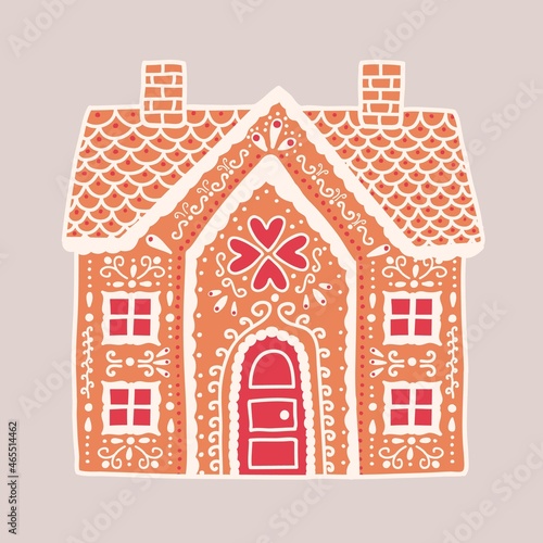 Traditional gingerbread house isolated on light background. Delicious baked product shaped like two-storey residential building and decorated with icing. Flat cartoon colorful vector illustration