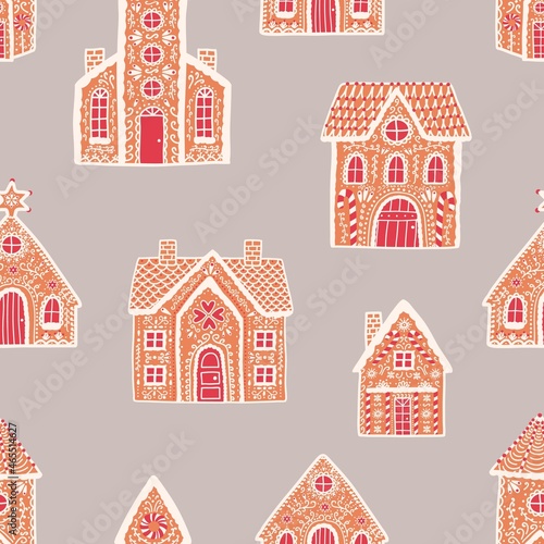 Seamless pattern with gingerbread houses on light background. Backdrop with delicious baked desserts decorated with sugar icing. Flat cartoon colorful vector illustration for fabric print, wallpaper