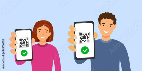 Man and woman with qr code on smartphone screen in hand