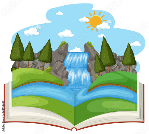 Open book with waterfall in the forest scene