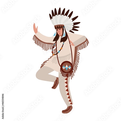 Dancing American Indian wearing ethnic costume and war bonnet. Man performing...