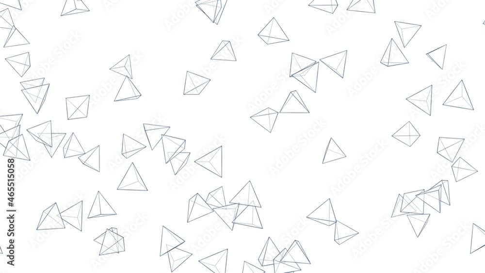 Many pyramid shapes floating in air on white background. Business concept. Symbol of digital technology. 3D loop animation. Many pyramid shapes floating in air on white background. Business concept. Symbol of digital technology. 3D loop animation.
