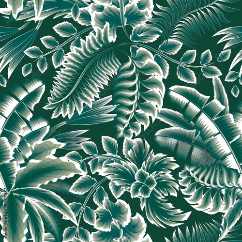 Exotic illustrations with tropical plant elements seamless pattern. Vintage tropical leaves pattern design. Tropical pattern with abstract plants and leaves on night background