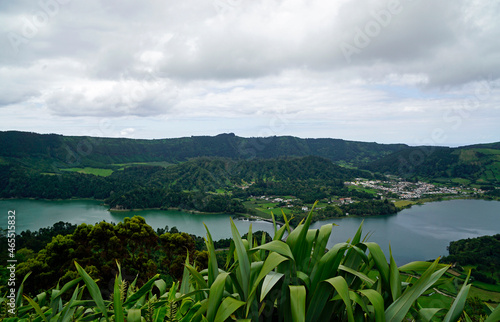 green and blue lake in cidade on the azores islands