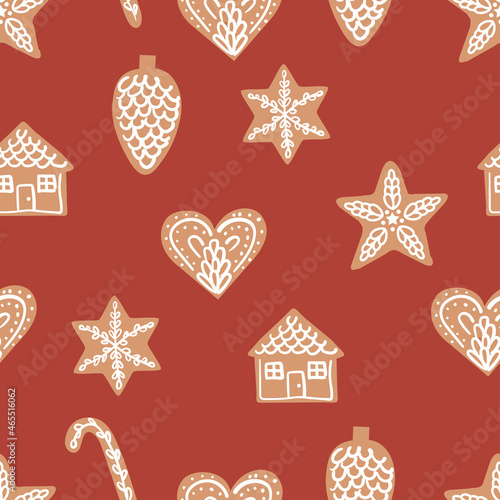 Christmas beautiful gingerbread cookies seamless vector pattern