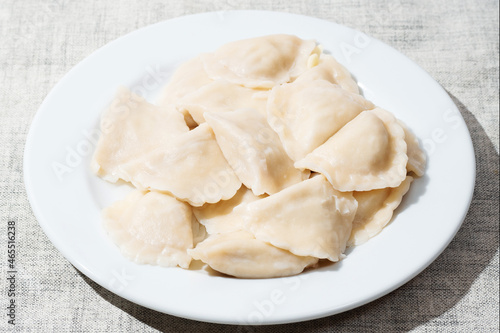 Serving of traditional Polish pierogy dish on a white plate. Dumplings filled with meat, cheese and mushrooms. Popular Eastern European food