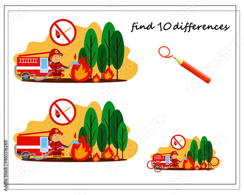 A logical game for children find the differences, a firefighter extinguishes a fire. vector