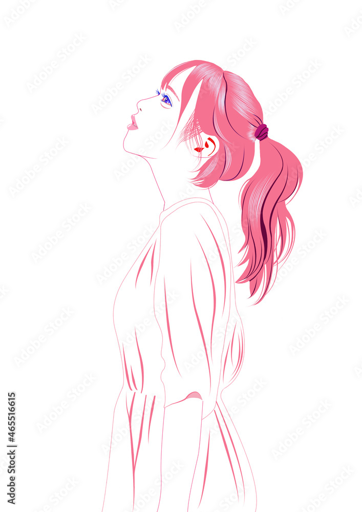 見上げるポニーテールの女性イラスト