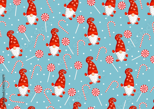 Christmas texture with gnomes and red candies. Vector illustration of Merry Christmas and Happy New Year. Seamless pattern. Winter holiday. Scandinavian nordic gnome, cute Santa gnome elf.