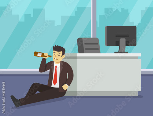 Alcoholism in the workplace. Sad business manager or worker drinking alcohol at work. Drunk male character sitting on the floor and holding bottle. Flat vector illustration template.
