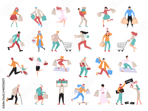 Big set of people hopping at mall or supermarket.