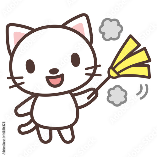はたきで掃除をするかわいい猫のキャラクター　Cartoon cat cleaning house
