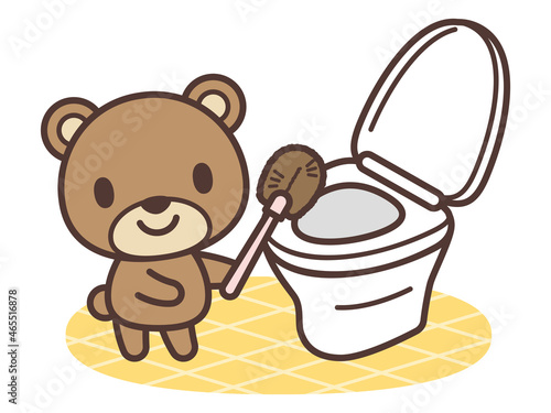 トイレ掃除する熊のかわいいキャラクター　Cartoon bear cleaning a toilet