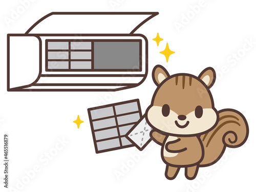 エアコンのフィルターを掃除するリスのかわいいキャラクター　Cartoon squirrel cleaning an air conditioner