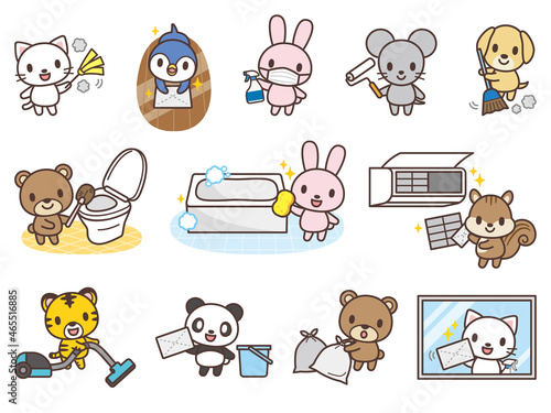 掃除をするかわいい動物のキャラクターセット　Cleaning animal characters
