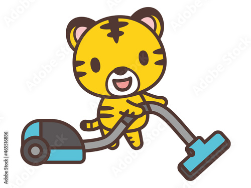 掃除機をかけるトラのかわいいキャラクター　Cartoon tiger cleaning house