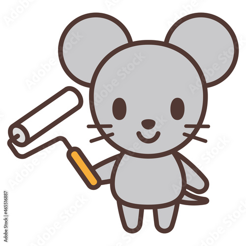粘着テープ（コロコロ）を持っているねずみのかわいいキャラクター　Cartoon mouse with lint roller