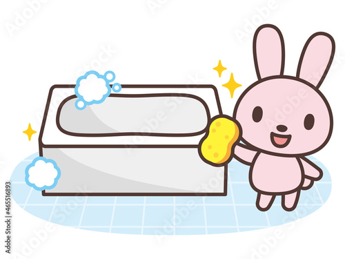 お風呂掃除をするうさぎのかわいいキャラクター　Cartoon rabbit cleaning a bath