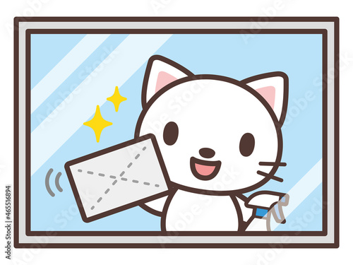窓を拭く猫のかわいいキャラクター　Cartoon cat cleaning a window