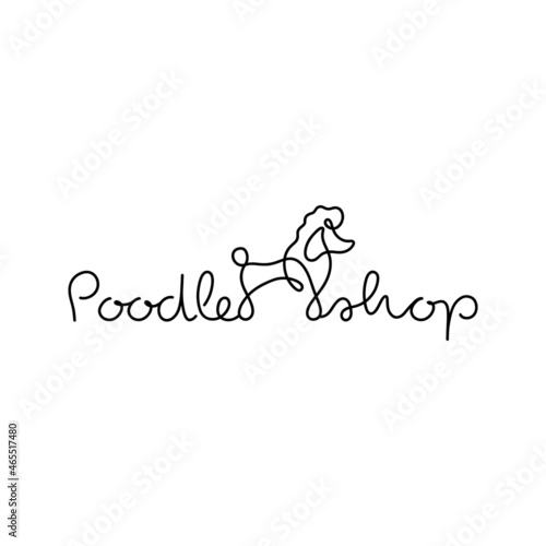 Cute poodle shop dog one line vector illustration. Hand drawn black outline silhouette of poodle breed with text. Isolated logo.