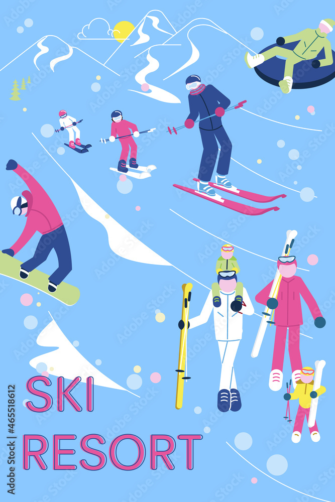 Ski Resort banner with people have relax and snowsport fun.