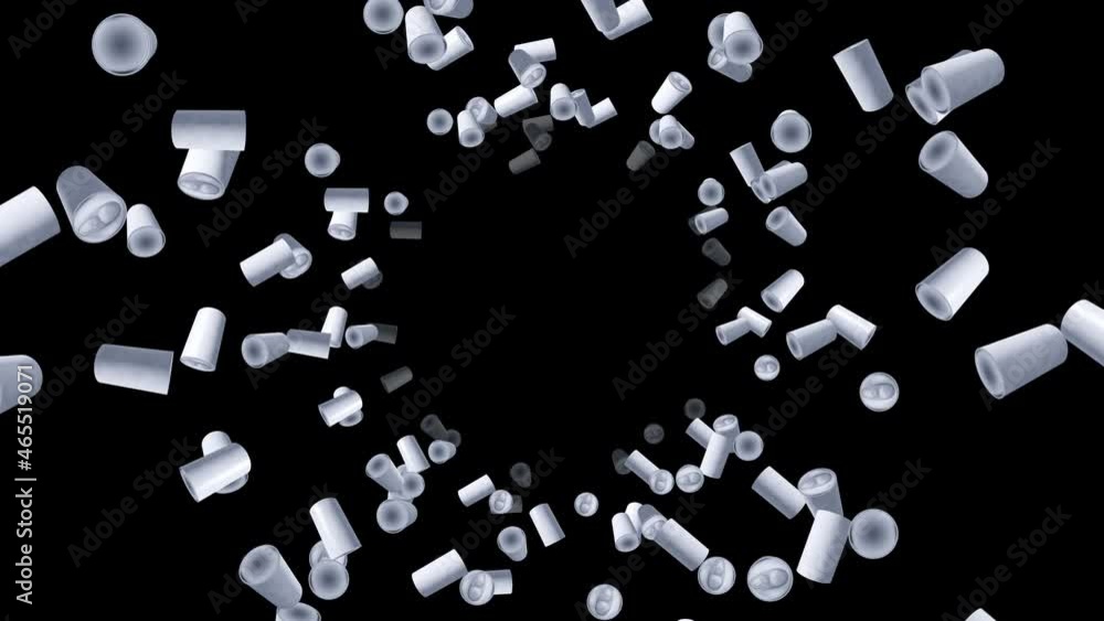 Many cans floating in air on black background. No label beverage cans. Food and drink concept. 3D loop animation. Many cans floating in air on black background. No label beverage cans. Food and drink concept. 3D loop animation.
