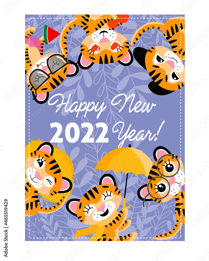 Obraz premium Vector colourful postcard, happy new year 2022, with different tiger cubs 