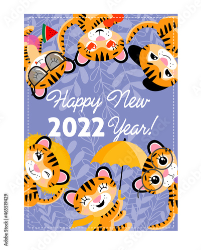 Wallpaper Mural Vector colourful postcard, happy new year 2022, with different tiger cubs  Torontodigital.ca