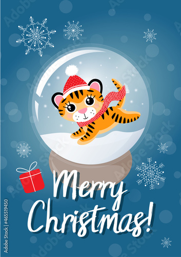 Wallpaper Mural Vector colorful postcard with cute tiger cub in glass bowl with snow, text merry Christmas  Torontodigital.ca