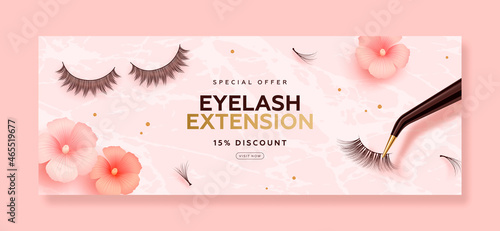 Discount horizontal banner with realistic false lashes, lash extension tools and flowers on pink background. Vector illustration