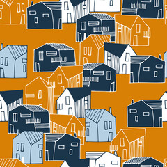 Papier peint photo Paysage patrons Petites maisons urbaines bleu ocre  © Blooming Sally