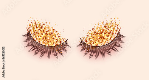 Realistic false eye lashes with golden glitter eye shadow isolated on background. Vector illustration