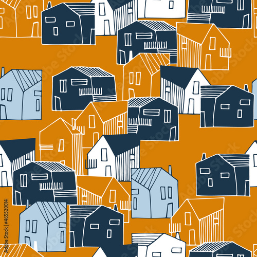 Seamless pattern with townscape in navy-blue and ochre color palette. Small houses in urban landscape for surface design and other design projects