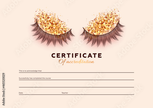 Diploma eyelash extensions. Makeup certificate template. Beauty school or refresher courses for beautician. Vector illustration