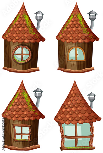 Fantasy wooden huts on white background