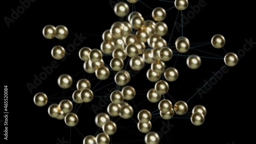 3D abstract animation with golden spheres connected on black background