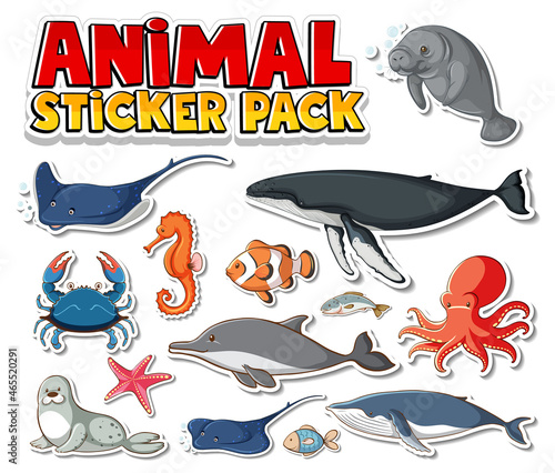 Cute sea animals sticker pack isolated