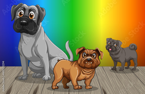 Domestic dogs cartoon character on rainbow gradient background
